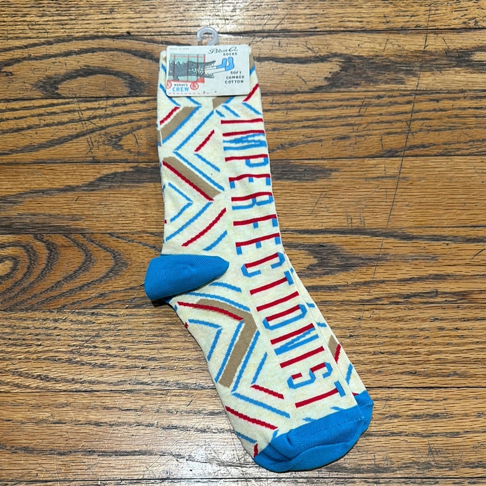 Blue Q Imperfectionist Casual Socks Blue and Red Geometric Design